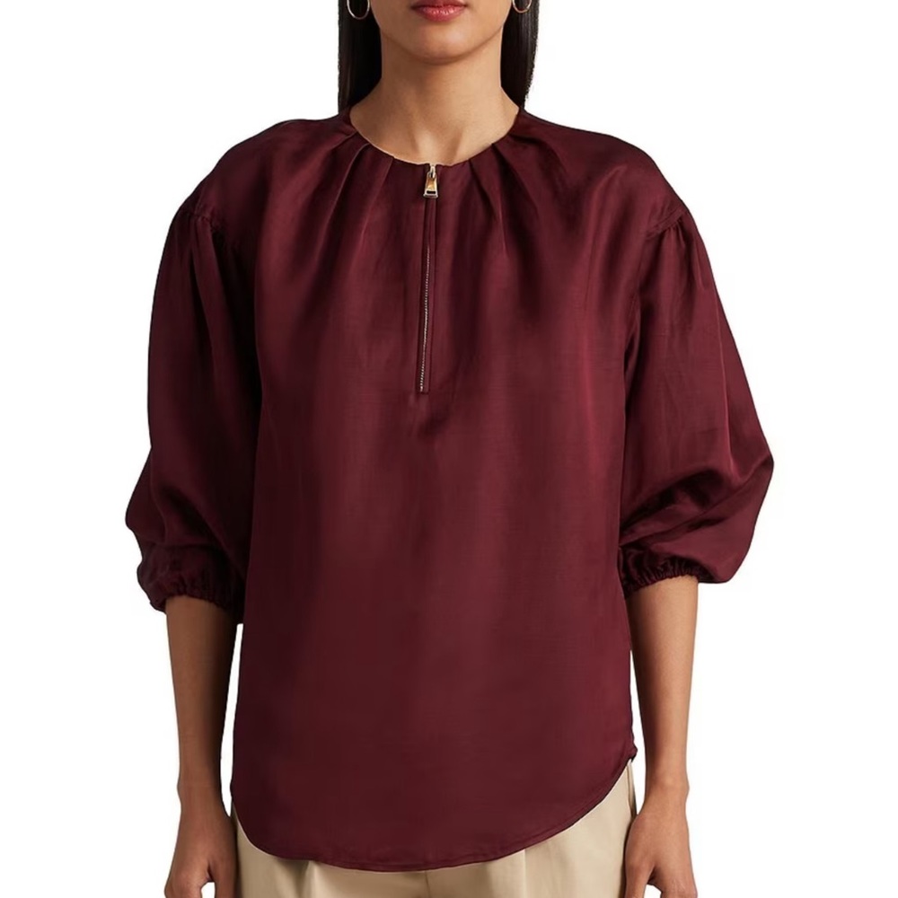 Ralph Lauren Shantung Blouson Sleeve Round Neck Quarter Zip Blouse Gold Zipper - Picture 2 of 8